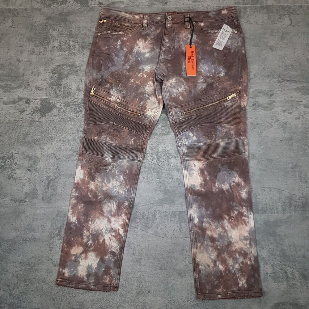 ROCK REVIVAL Daviday Moto Acid Wash Tie Dye Denim Jeans Mens‎ Size 42x32 Brown